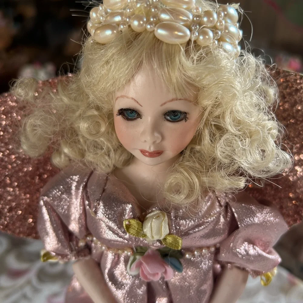 Hand Crafted Porcelain Face Angel Doll Table Decor or Tree Topper